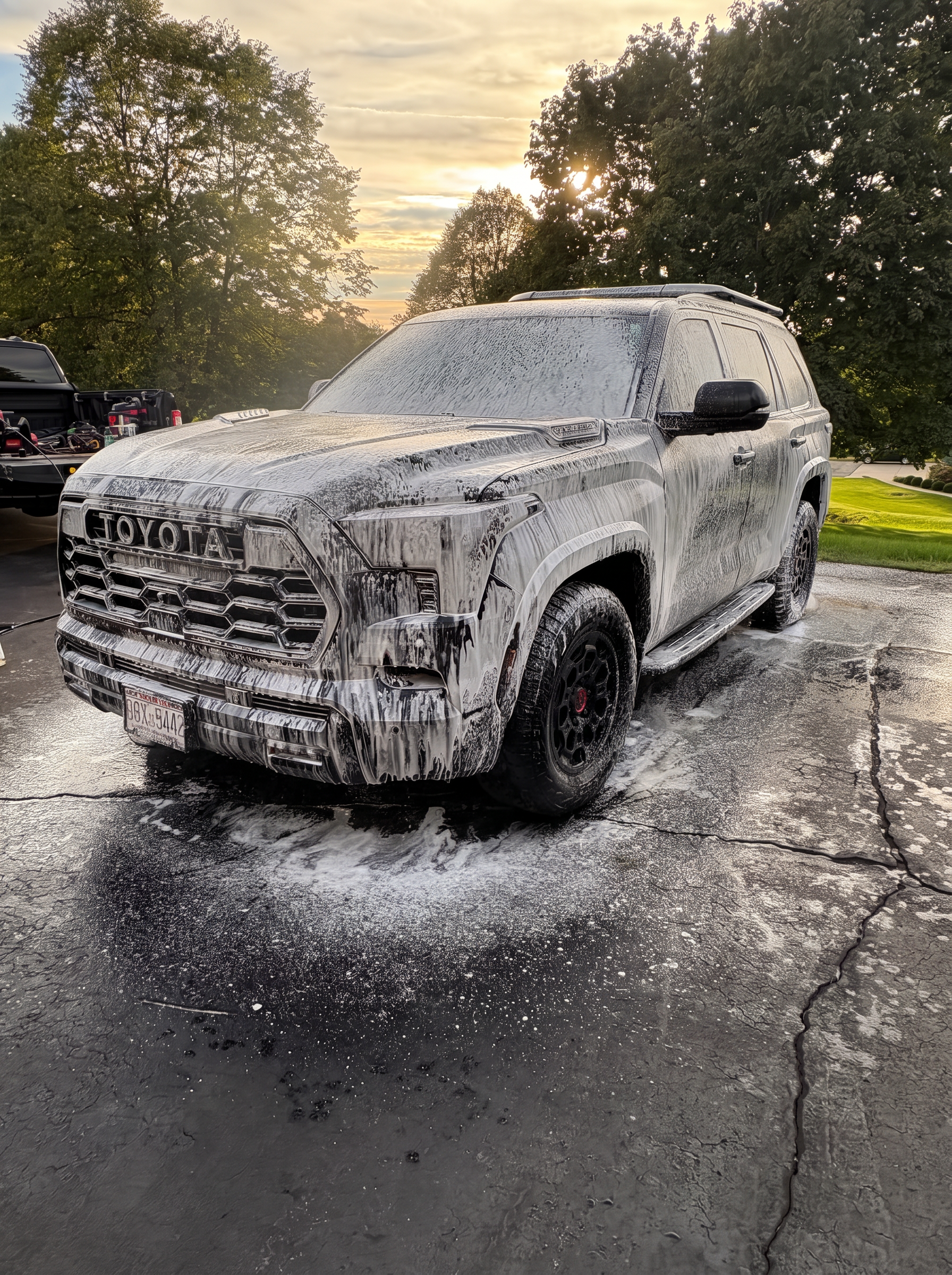 Toyota SUV covered in foam during a mobile exterior detail at sunset